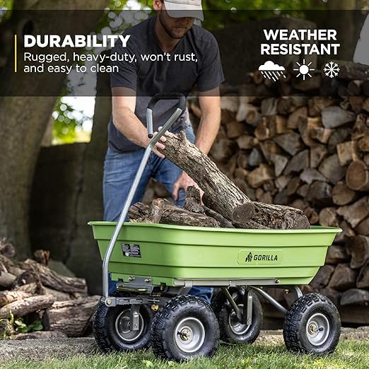 Gorilla Carts Poly Garden Dump Cart, 4 Cu Ft Tub, 600 lb Haul Capacity, Green – Heavy-Duty Utility Wagon with Quick-Release Dumping & Pneumatic Tires for Yard, Landscaping and Gardening