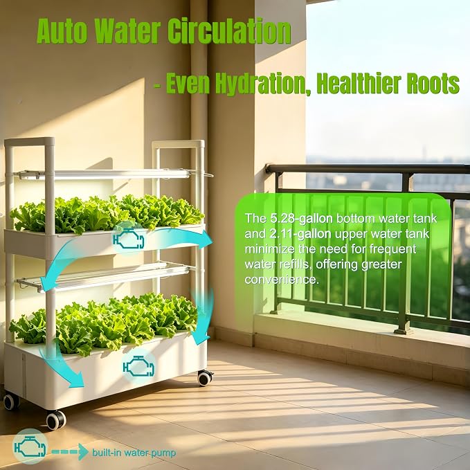 2-Tier 28-Hole Hydroponics Growing System with LED Grow Lights, 5.28Gal Indoor Hydroponic Grow Kit with Automatic Water Circulation, 4 Wheels for Vegetables, Herbs, Lettuce, White
