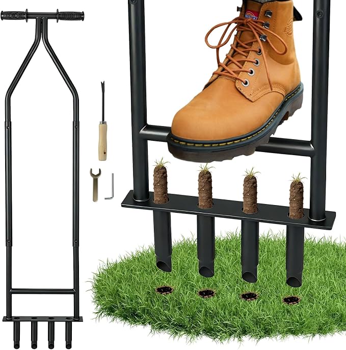 Manual Lawn Aerator Tool, Heavy Duty Detachable Iron Grass Aerator with Root Weeder, Reducing Soil Compaction, Yard Aeration Tool for Garden & Lawn Care