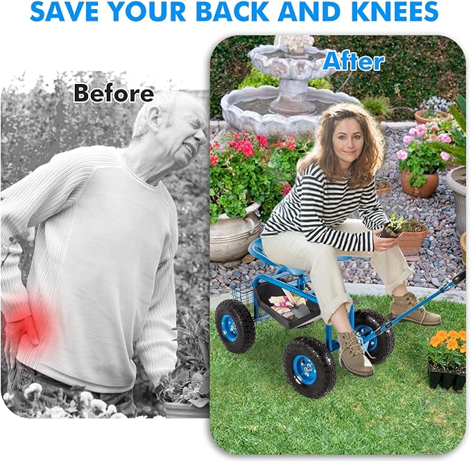 KINTNESS Garden Cart with Rolling Work Seat Tool Tray and Storage Basket on Wheels Heavy Duty Garden Scooter Gardening Planting (Blue)