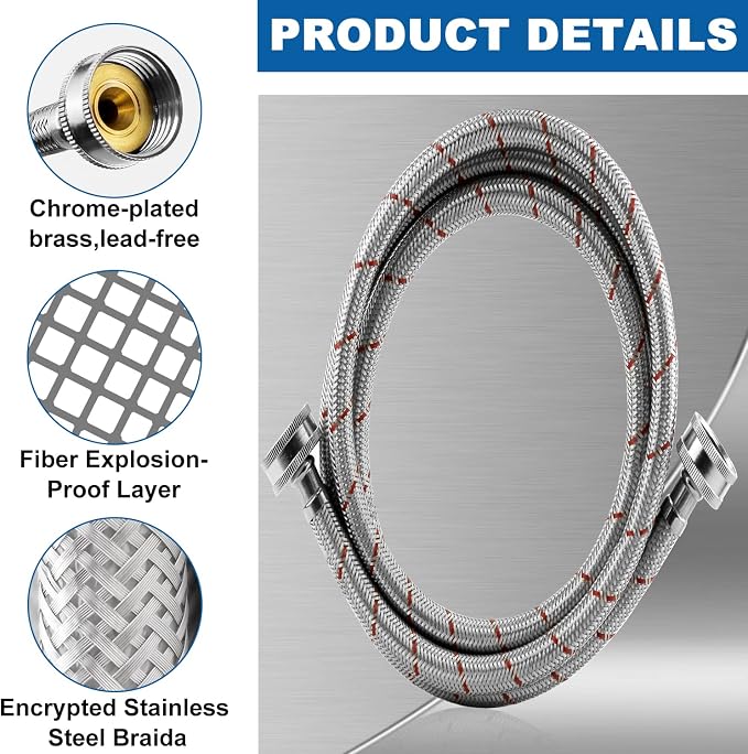 Stainless Steel Washing Machine Hoses 6ft,Stainless Steel Washing Machine Hose Hot and Cold Striped Water Connection(2Packs),Universal Fit for All Standard Wash Machines-by MIFLUS