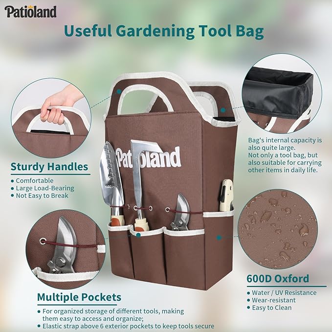 Brown Garden Tool Sets, Gardening Hand Tools Kit with Non-Slip Ergonomic Handle, Storage Tote Bag, Gardening Gloves, Apron, Repotting Mat & Spray Bottle, Gardening Gift for Women Men