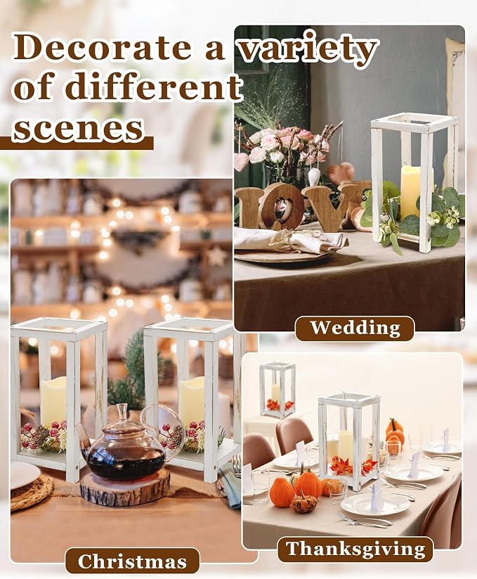 Huquary 16 Pcs Wooden Wedding Lantern Centerpiece Includes 8 Rustic Wooden Lantern Centerpiece and 8 Flameless Candle Holder for Farmhouse Rustic Table Decorations Party Gift(White)
