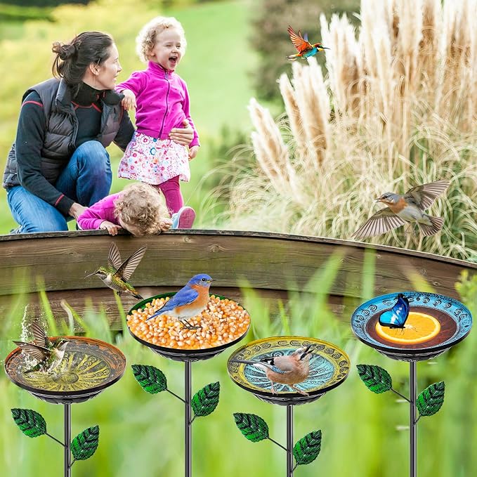 4 PCS Metal Bird Baths for Outdoors, Small Garden Bird Bath with Metal Stake, Hummingbird Feeder for Yard Lawn Decoration (Retro Double Color Splicing)
