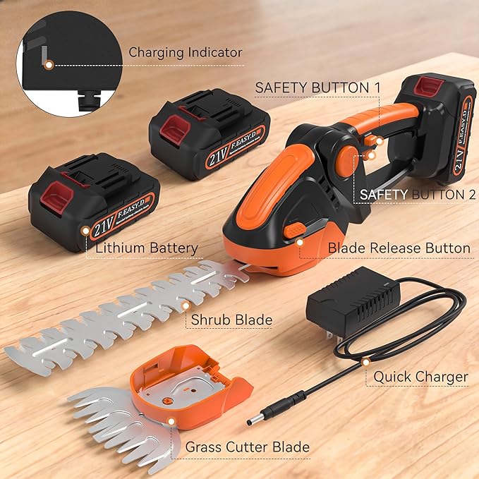 2 in 1 Cordless Hedge Grass Trimmer, 55W Electric Small Handheld Bush Trimmer with 2X 1.5Ah Batteries, Garden Shears with 2 Blades for Lawn & Shrub Pruning