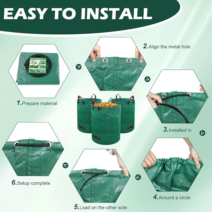 72 Gallons Reusable Yard Waste Bags, 3 Pack Lawn and Leaf Bags with Gardening Gloves, Heavy Duty Garden Waste Bags with 4 Reinforced Handles for Debris Leaves Grass