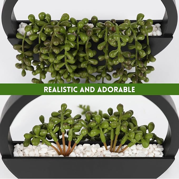 Floweroyal 2pcs Artificial Succulents Hanging Plants 20.1'' Fake String of Pearls in Pot with 9.4'' Lanyard for Indoor Outdoor Wall Decor (Black)
