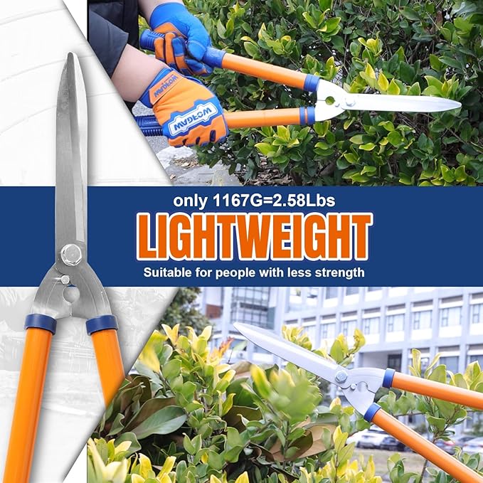 WADFOW Hedge Clippers:Bush Clippers With Adjustable Length Handle and Wavy SK-5 Steel Blade,Hedge Shears for Pruning Borders and Bushes, Blue and Yellow
