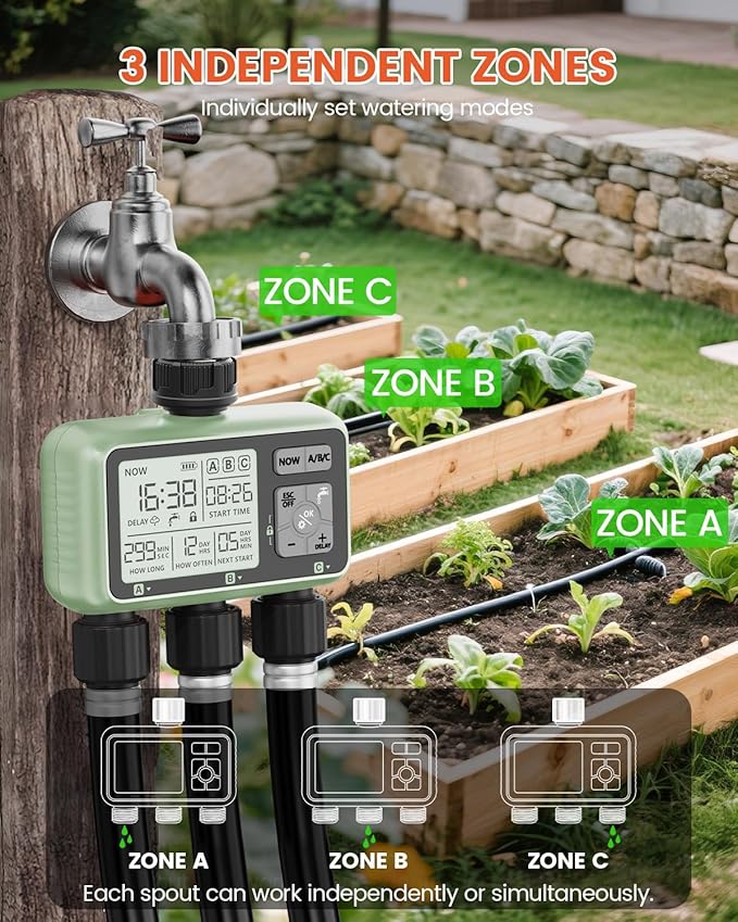Sprinkler Timer 3 Zone Water Timer for Garden Hose Programmable Outdoor Hose Faucet Controller with Rain Delay Manual and Automatic Irrigation Controller System Low Battery Warning for Lawn Yard