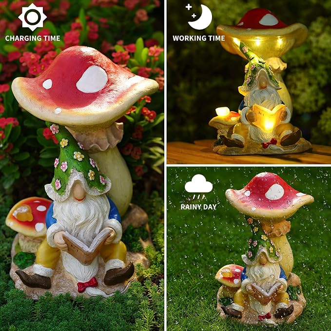 Solar Garden Outdoor Statues Gnome Reading Under Mushroom with 5 LED Lawn Decor Outside Decorations for Patio, Balcony, Yard Ornament Unique Garden Gift