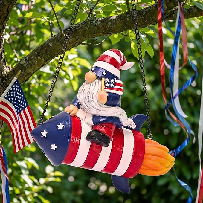 TERESA'S COLLECTIONS 4th of July Gnome Firework Decorations, Memorial Day Hanging Ornament for Home, USA 250th Anniversary Patriotic Resin Independence Day Gift for Women, Indoor Outdoor Wall Decor 8"