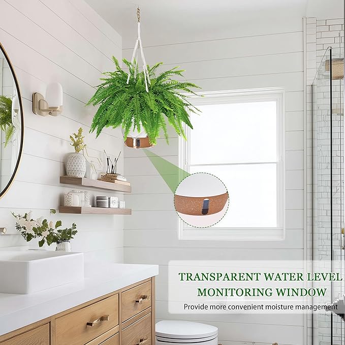 10 Inch Self Watering Hanging Planters, 2 Pack Plastic Flower Pots with Visible Water Window, Drainage Holes, Metal Chain & Macrame Hangers for Indoor & Outdoor Plants, White