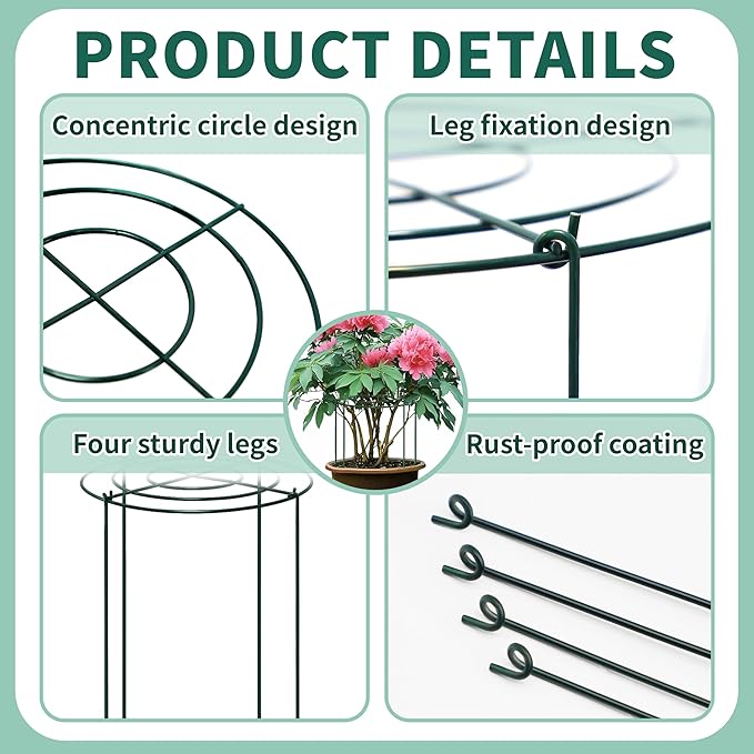 8 Sets Peony Support Cage,12"Diax24"High Heavy Duty Metal Plant Support,Grow Through Hoops Grids with 4 Thickened 4mm Legs,Strong Support Brace for Heavy Blossoms,Flower Support Ring for Peonies,Rose