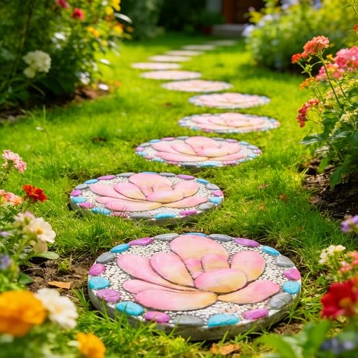Succulent Pattern Cement Stepping Stones - Garden Stepping Stones Outdoor Pavers for Outside Walkway Gifts for Grandma Garden Stones Decorative Sculpture Yard Art 0.75 * 10 * 10 Inch