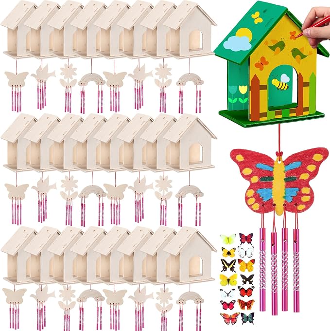 Feifeiya 24 Sets DIY Birdhouse Wind Chime Kit Build and Paint Birdhouses Wooden Arts 24 Unfinished Wooden Bird House 24 Wind Chime 38 Butterfly Sticker 24 Watercolor Arts for Activity(Elegant)