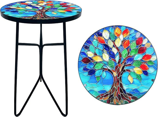 12 Inch Mosaic Colorful Tree of Life Patio Side Table, Small Round End Tables, Glass Plant Tables Indoor, Garden or Living Room Decor Afternoon Tea Dinner Table, Simple Assembly Cast Iron Plant Stand