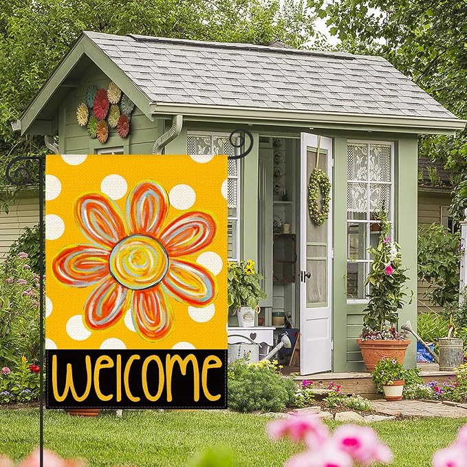 AVOIN colorlife Summer Floral Garden Flag 12x18 Inch Double Sided Outside, Polka Dots Welcome Seasonal Yard Outdoor Flag