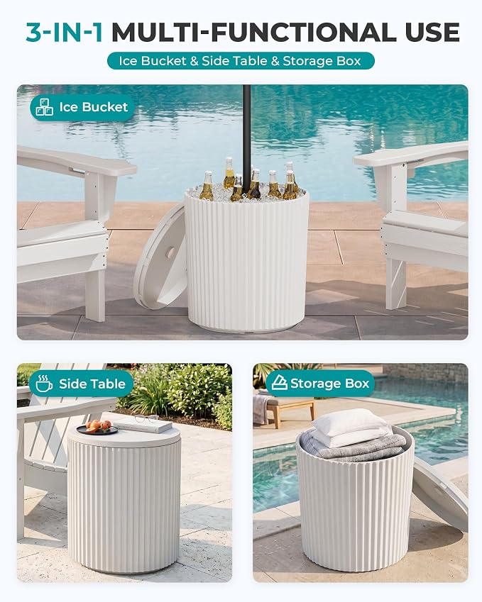 SERWALL Outdoor Round Umbrella Side Table, 3-in-1 Ice Bucket & Side Table & Storage Box, Multi-Functional Use for Porch/Patio/Poolside, Beige