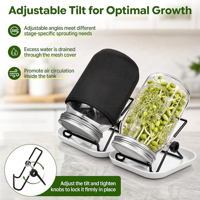 4 Pack Sprouting Jar Kit with Wide Mouth Mason Jars, Sprouting Lids, Stands, Drip Trays and Brushes, Seed Sprouter Set for Growing Broccoli, Mung Bean and Fresh Sprouts for Indoor Kitchen Use