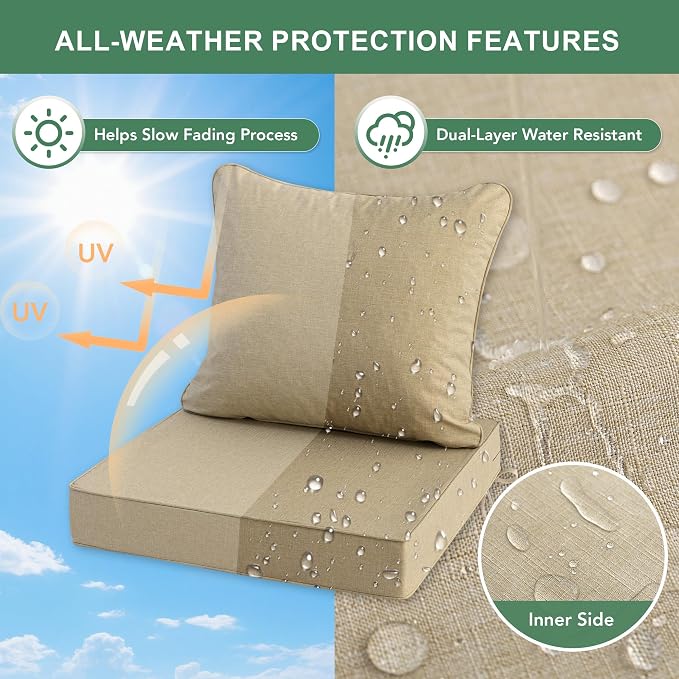 Summsun Outdoor Chair Cushions 24 x 24 Inch, Faux Linen Patio Furniture Cushions, Water Resistant Backrest and Deep Seat Cushion Set with Ties, Removable Cover, Non-Slip Bottom, Nature