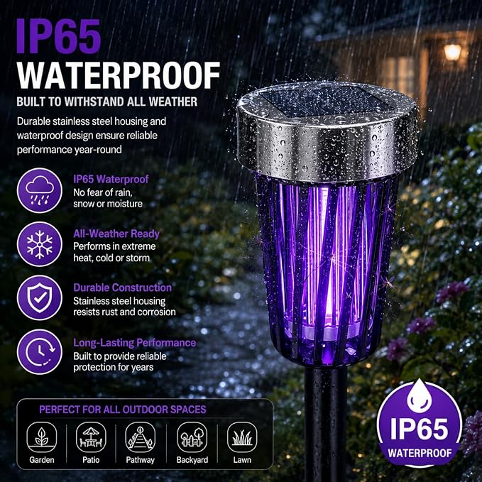 2026 Solar Bug Zapper Outdoor,4 Pack Mosquito Repellent Outdoor Patio IP65 Waterproof, Auto On/Off with Purple or White Light,Solar Powered Insect Zappers for Gnats Flies Bugs for Yard Garden Pathway