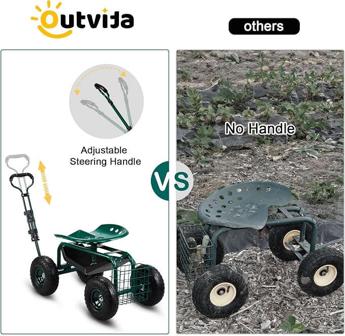 Outvita Rolling Garden Work Seat with Wheels, Garden Scooter with 360 Degree Swivel Seat & Extendable Handle & Tool Tray, Gardening Stool for Planting(Green)