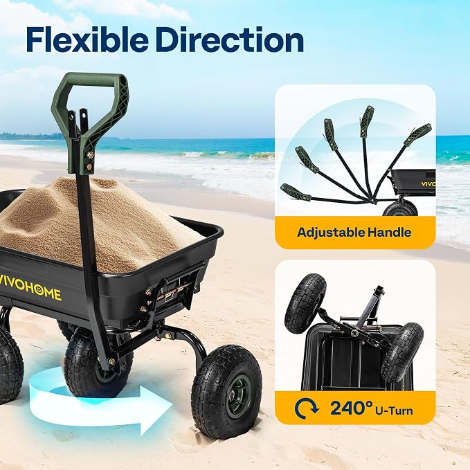 VIVOHOME 4 Cu.Ft 660lbs Wheelbarrow Garden Cart Dump Wagon with 2-in-1 Convertible Handle Attach to ATV or Tractor, 10" All Terrain Wheels, Quick Release System, Heavy Duty Utility Trailer for Yard