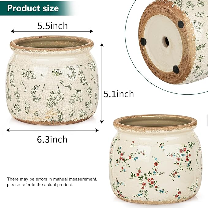 Sungmor Set of 2 Farmhouse Ceramic Planters with Drainage Hole,Vintage Crackle Glaze Flower Pots, Tuscan Decor Pots for Indoor/Outdoor Herbs,Succulents and Small Flowers