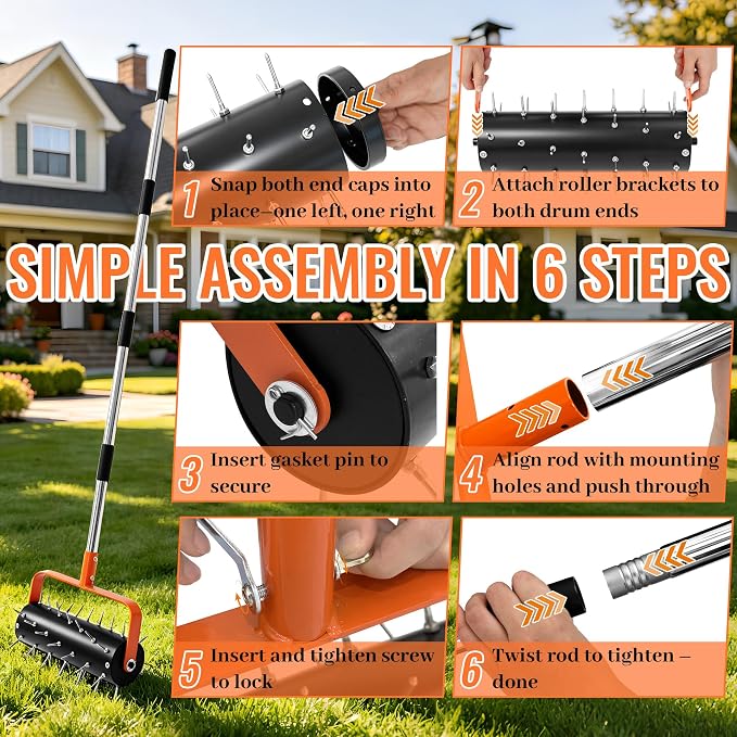 Rolling Lawn Aerator Heavy Duty Spike Aerator Roller with Adjustable Handle & 48 Spikes, Fillable Drum Manual Push Aeration Tool for Lawns, Gardens, Yards, Patio