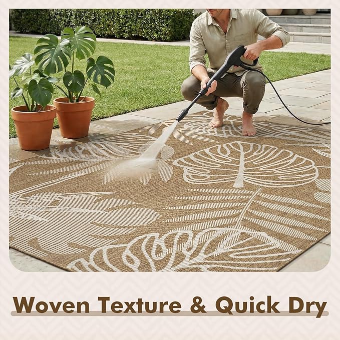 MontVoo-Outdoor Rug-Patio Rug 6x9 ft Polypropylene Indoor Outdoor Rugs Outdoor Carpet for Patio Deck Balcony Porch, Textured Weave, Durable for High Traffic, Fade-Resistant, Tropical Neutral Brown