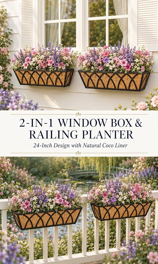 Railing Planter Boxes 24 Inch 2 Pack, Heavy Duty Adjustable Hanging Planters with Coco Liners, 2-in-1 Balcony Planters for Deck Porch Patio Garden