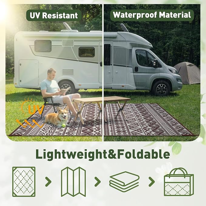 MontVoo Outdoor Rug 8x10 Waterproof Outdoor Patio Rug Mat Reverisble Plastic Straw Outdoor Rug for RV Camping Picnic Beach Balcony Boho Beige Brown