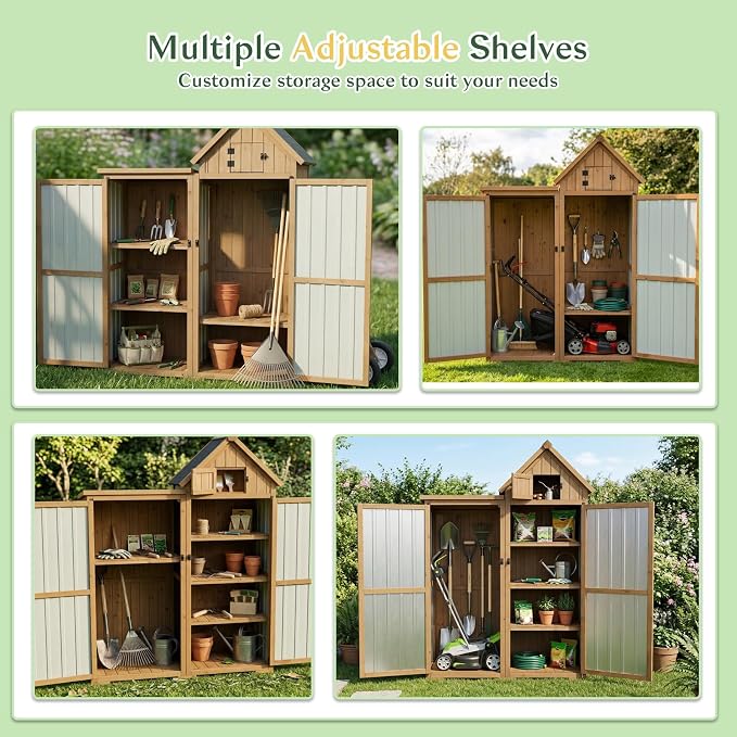 Outdoor Storage Cabinet Weatherproof with 3 Adjustable Shelves, 66'' H Wood & Metal Storage Shed with Lockable Doors & Waterproof Roof, Outside Garden Tool Sheds, Brown