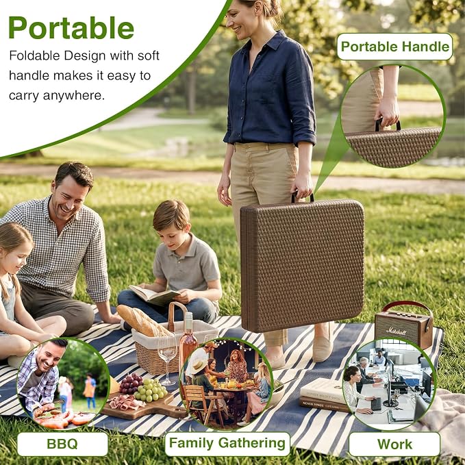 PayLessHere | 4FT Folding Table | Portable Plastic Table with Carry Handle | Waterproof & Foldable Table Design | Steel Frame with Lock | Brown Ratten | for Events, Camping, Indoor & Outdoor Use