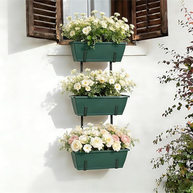 OYEAL Window Boxes Planters Deck Railing Planter Boxes with Adjustable Brackets & Rectangular Flower Pots Rectangular Herb Planter for Garden Fence, Patio, Balcony Decor Green