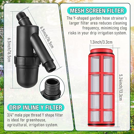 Aurelema Drip Irrigation Pressure Regulator and Filter 25 PSI Water Backflow Preventer for 3/4'' Garden/Faucet Hose Thread and Drip Irrigation Inline Y Filter 3/4" x 3/4" FHT Hose Connection (2 Pack)