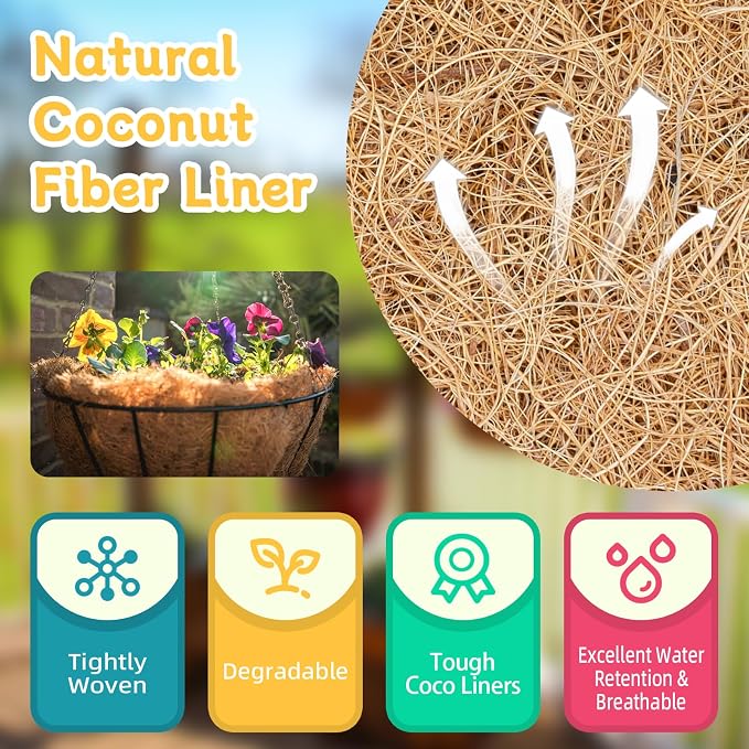 Riare 4 Pack 18 Inch Round Coco Liners Replacement, 100% Natural Coconut Coir Liners for Hanging Baskets, Garden Flower Vegetables Planter Pot, Window Box, Fence, Decks