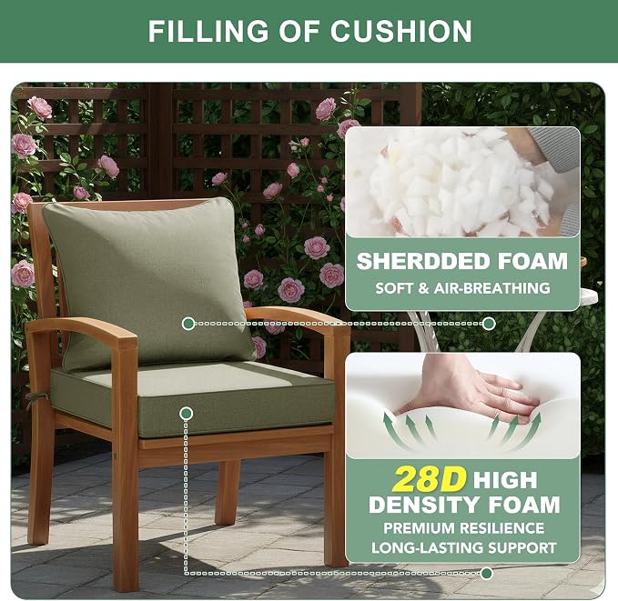 Summsun Water Resistant Outdoor Chair Cushions, Faux Linen Backrest and Deep Seat Cushion Set with Ties, Removable Cover, Non-Slip Bottom for Patio Furniture, 24 x 24 Inch, Mocca Green