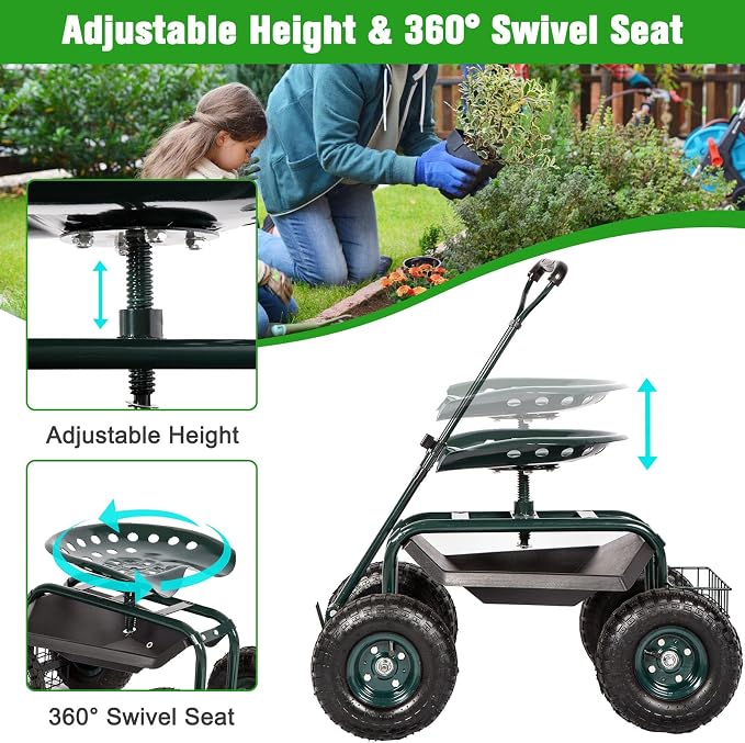 kinbor Rolling Garden Scooter Garden Cart Seat with Wheels and Tool Tray, 360 Swivel Seat, Green