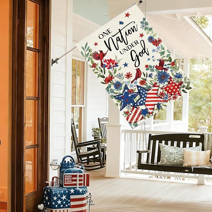 Baccessor 4th of July Cardinal House Flag 28 x 40 Inch Double Sided Burlap,the One Nation Under God Patriotic Memorial Day American Summer Yard Holiday Seasonal Outdoor Outside Decoration