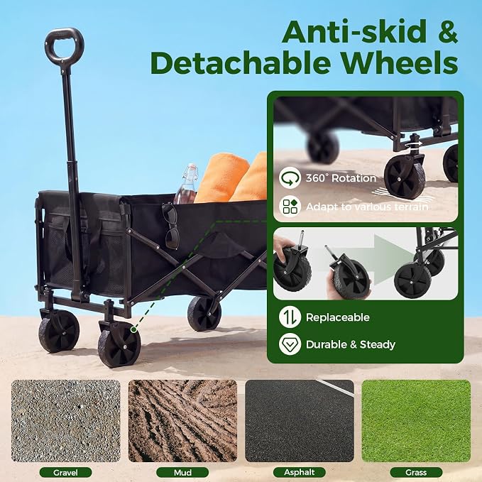 OLIXIS Collapsible Wagon 67L Compact Lightweight Utility Folding Wagon Cart with Wheels – 220 lbs Weight Capacity, Flexible Handle for Beach, Grocery, Camping, Shopping, Sports & Garden, Black