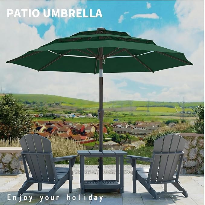 10FT Patio Umbrella 3 Tiers Outdoor Market Umbrella w/Push Button Tilt, Crank, UV and Waterproof Table Umbrella for Garden, Pool, Backyard, Deck, Lawn, Forest Green
