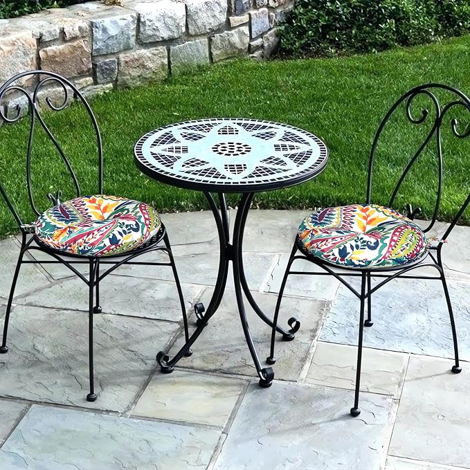 DYTXIII Set of 2 Outdoor Round Chair Cushions 15"x15"x4" with Ties, Water Repellent Tufted Bistro Seat Cushions, Thick Patio Chair Pads for Bar Stool, Garden & Dining Furniture - Vigour Paisley