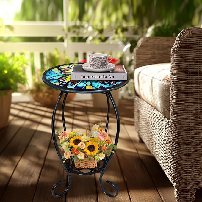 LIFFY Outdoor Side Table, 14" Round Mosaic Patio Table with Glass Butterfly Tabletop, 21" Height 2-Tier Indoor Small Decorative Plant Stand & End Table with Metal Frame for Home, Garden, Yard