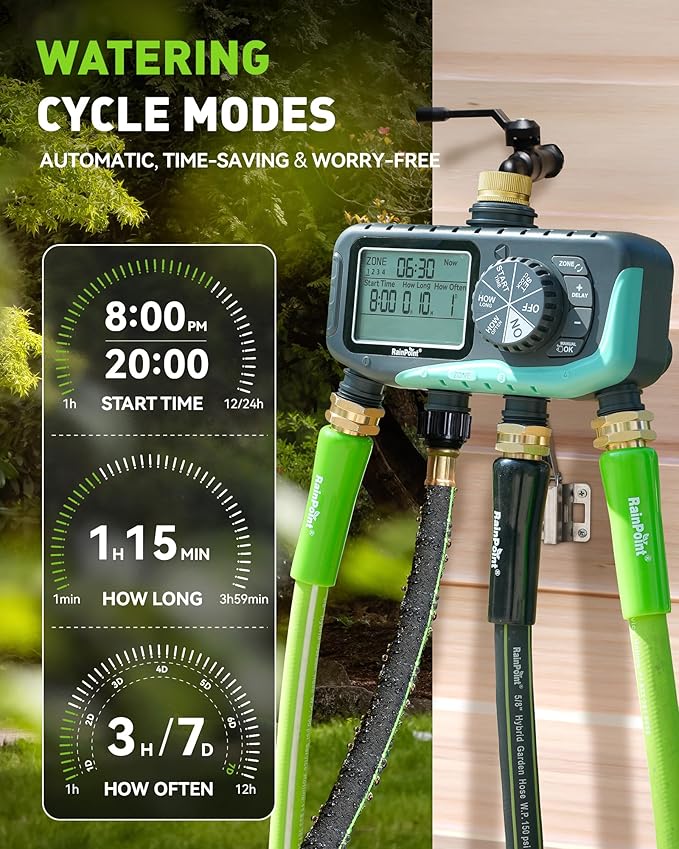 RAINPOINT 4-Zone Sprinkler Timer, 2027 New Version 4 Outlets Hose Water Timer, Automatic Irrigation Controller with Rain Delay & Manual Mode for Lawn & Garden Irrigation