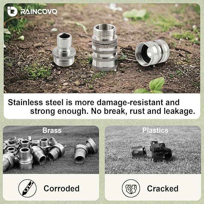 Raincovo Garden Hose Quick Connect, Stainless Steel Water Hose Fitting, Quick Release Hose Connector, 3/4 Inch GHT