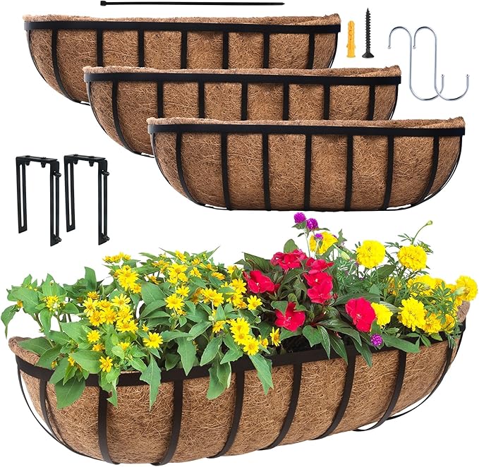 DUNCHATY 24 Inch Railing Planter 4 Pack - Adjustable Metal Window Box Planter with Coco Liner for Deck Balcony Porch Fence - Outdoor Hanging Flower Basket for Herbs & Flowers