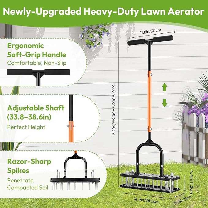 Manual Lawn Aerator Tool, Heavy Duty All Metal with 21 Steel Tines, Spring-Loaded Self-Cleaning for Soil Aeration, Adjustable Height Tool for Garden, Lawn, Yard