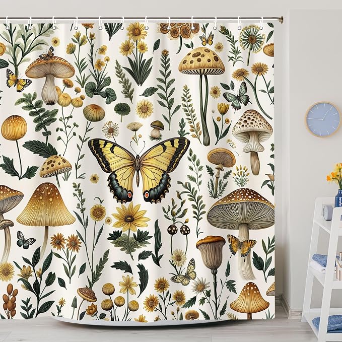 Rustic Boho Mushroom Shower Curtain, Vintage Chic Butterfly Botanical Floral Farmhouse Cottagecore Aesthetic Shower Curtain Set with Hook, Fairy Witchy Plant Shower Curtain for Bathroom 72X72 Beige