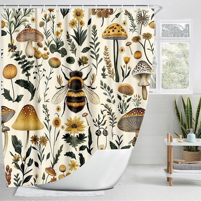 Rustic Boho Mushroom Shower Curtain, Vintage Chic Bee Mushroom Botanical Floral Farmhouse Cottagecore Aesthetic Shower Curtain Set with Hook, Fairy Witchy Plant Shower Curtain for Bathroom 72X72 Beige